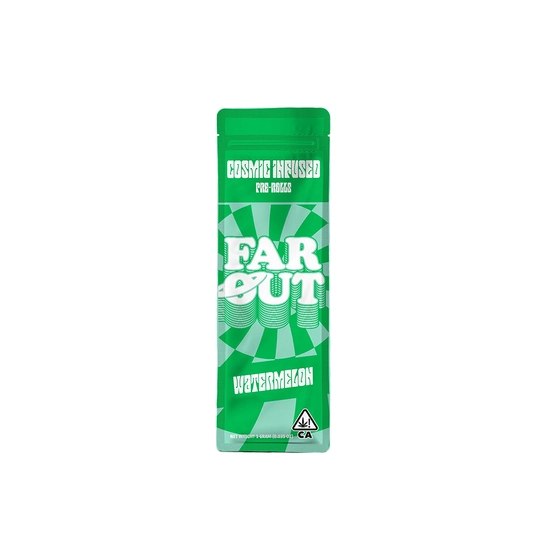 Far Out Watermelon Cosmic Infused Preroll wrapper. Green background with white lettering and a trippy cosmic logo and font.