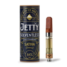 Jetty Extracts Sour Strawberry Solventless Cartridge and cylindrical nautical themed packaging