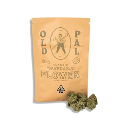 old pal sativa quarter ounce peach colored pouch with nugs. 