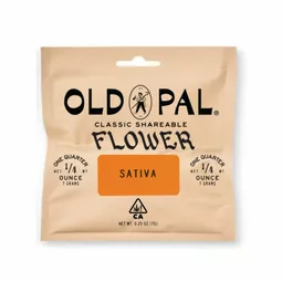 old pal sativa quarter ounce peach colored pouch with nugs. 